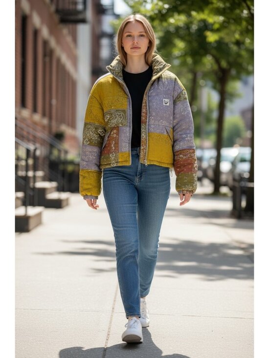 Urban Outfitters BDG Patchwork Puffer Jacket Bandana Print Multicolor Cropped Si - Picture 2 of 8